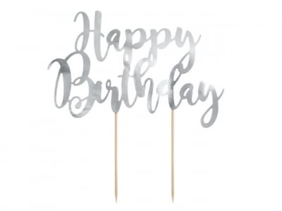 Топер за торта за рожден ден ръкописни букви Happy Birthday, сребро металик