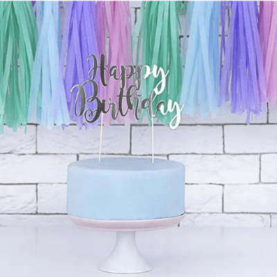 Топер за торта за рожден ден ръкописни букви Happy Birthday, сребро ...
