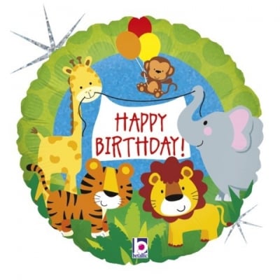 Фолиев балон Happy Birthday сафари джунгла животни, кръг 43 см холограмен