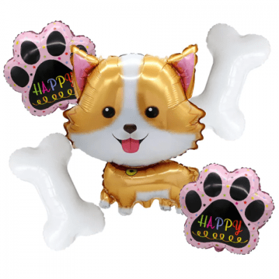 Комплект балони с кученце, розови лапички и кокалчета, 5 броя