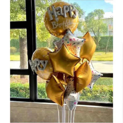 Комплект фолиеви балони злато за рожден ден с обемни букви 3D и звезди, 10 броя