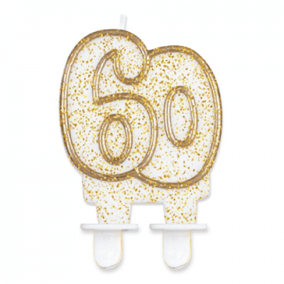 Бяла свещ за торта число 60, златен кант, 8 см