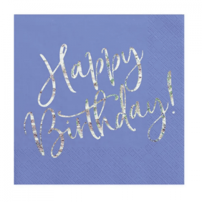 Синьо-лилави салфетки с надпис Happy Birthday холограмно сребро, 20 броя