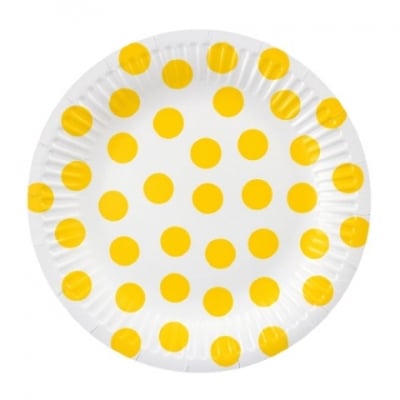 Бели чинийки на жълти точки 18 см, 6 броя