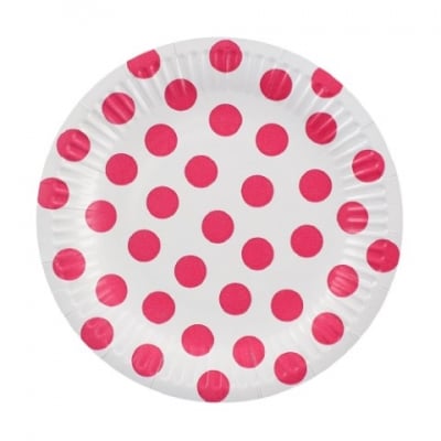 Бели чинийки на розови точки 18 см, 6 броя