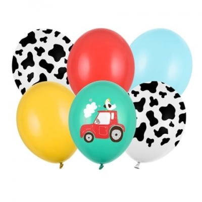 Латексови балони ферма, принт крава и трактор, 6 броя