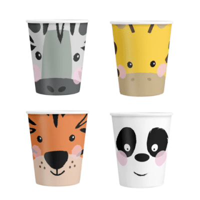 Парти чаши сафари тигър, панда, жираф, зебра, 4 броя