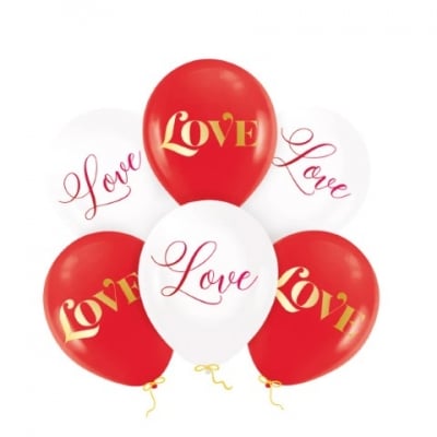 Червени и бели балони с надпис Love, 6 броя
