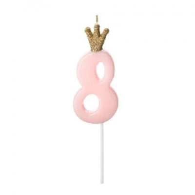 Розова свещ за торта цифра 8, с коронка, 9.5 см
