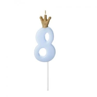Синя свещ за торта цифра 8, с коронка, 9.5 см