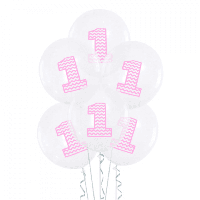 Прозрачни балони с розова единица, за 1-ви рожден ден, 5 броя
