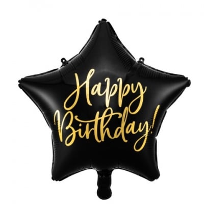 Черен фолиев балон звезда за рожден ден със златист надпис Happy Birthday, 40 см