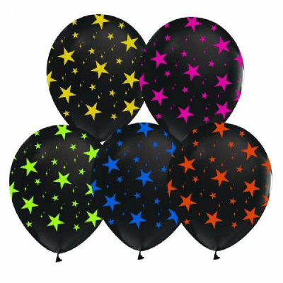 Черни балони с флуоресцентни звезди 30 см, микс 10 броя