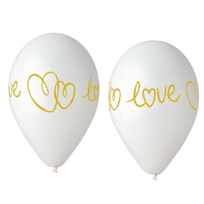 Бели балони със златен надпис Love и сърчица, 5 броя