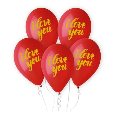 Червени балони със златен надпис I Love you, 5 броя
