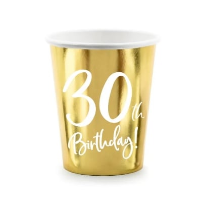 Парти чаши за 30-и рожден ден, 30 години, злато металик, 6 броя
