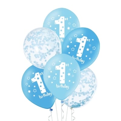 Комплект сини балони с единица, за 1-ви рожден ден, 6 броя