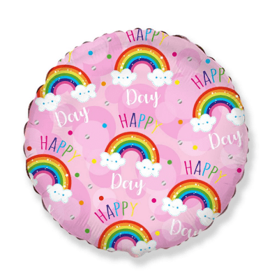 Розов балон с дъги и облаци Happy day, кръг 45 см