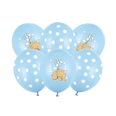 Сини балони със слонче и бели точки, бебешко парти момче, 6 броя