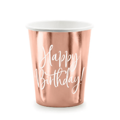 Парти чаши розово злато металик Happy Birthday, 6 броя