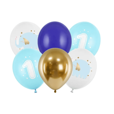 Сини балони с единица и слонче, първи рожден ден момче, 6 броя
