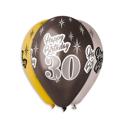 Балони микс металик Happy Birthday, 30 години, 6 броя