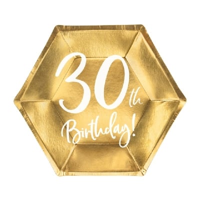 Хексагонални чинийки за 30-и рожден ден, 30 години, злато металик, 6 броя