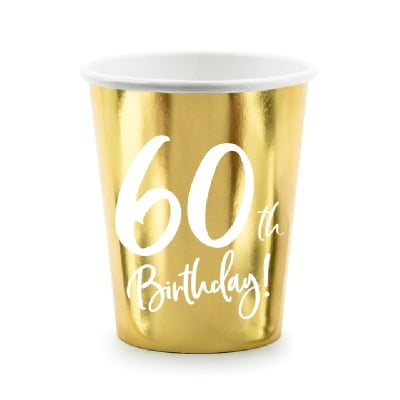 Парти чаши за 60-и рожден ден, 60 години, злато металик, 6 броя