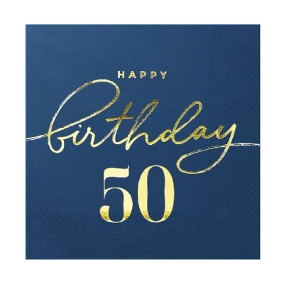 Тъмносини салфетки за 50-и рожден ден, Navy blue and Gold, 10 броя