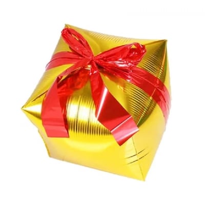 Златен балон опакован подарък с червена панделка, 32 см