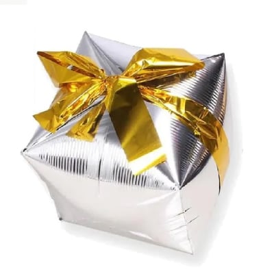 Сребърен балон опакован подарък със златна панделка, 32 см