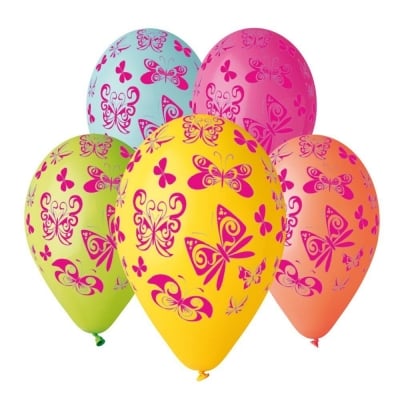 Разноцветни балони с печат розови пеперуди, микс 10 броя