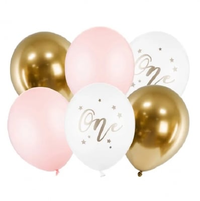 Балони One, първи рожден ден, розов пастел, 6 броя