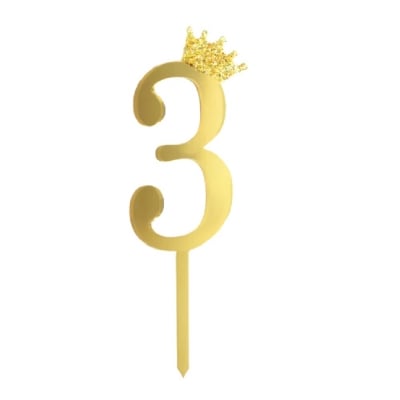 Златен топер цифра 3, с коронка, акрил, 11 см