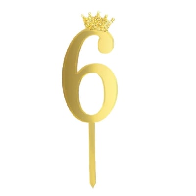 Златен топер цифра 6, с коронка, акрил, 11 см