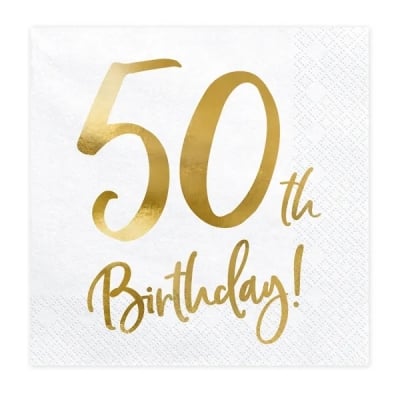 Бели салфетки за 50-и рожден ден, 50 години, злато металик, 20 броя