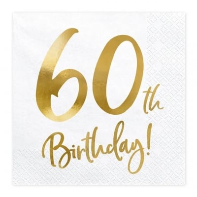 Бели салфетки за 60-и рожден ден, 60 години, злато металик, 20 броя