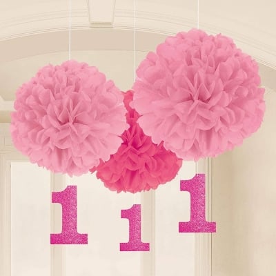Розова декорация за първи рожден ден момиче, помпони с цифри, 3 броя