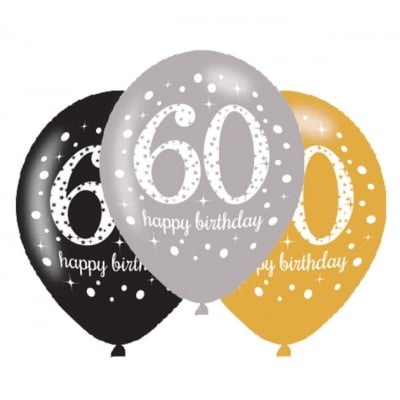 Черни, златни и сребърни балони за 60-и рожден ден, 60 години, 6 броя
