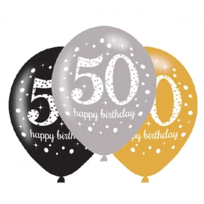Черни, златни и сребърни балони за 50-и рожден ден, 50 години, 6 броя