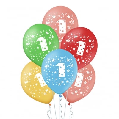Разноцветни балони с цифра 1 и звездички, 6 броя