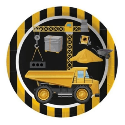 Жълто-черни парти чинийки строителни машини 23 см, 8 броя
