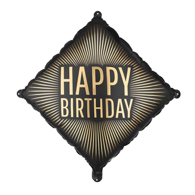 Черен фолиев балон със златен надпис Happy Birthday и лъчи, диамант 54 см
