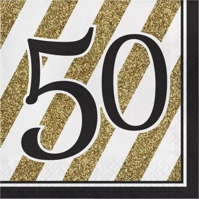 Салфетки за 50-и рожден ден, 50 години, Black & Gold, 16 броя