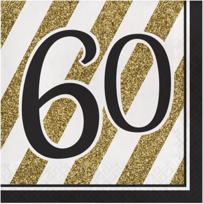 Салфетки за 60-и рожден ден, 60 години, Black & Gold, 16 броя