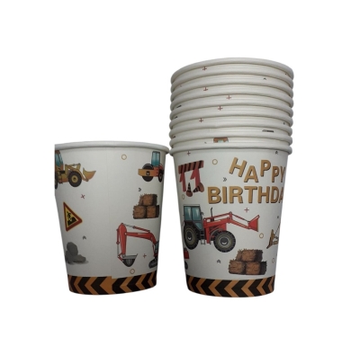 Парти чаши Happy Birthday строителни машини, 10 броя
