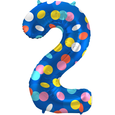 Син фолиев балон цифра 2, цветни точки, 100 см