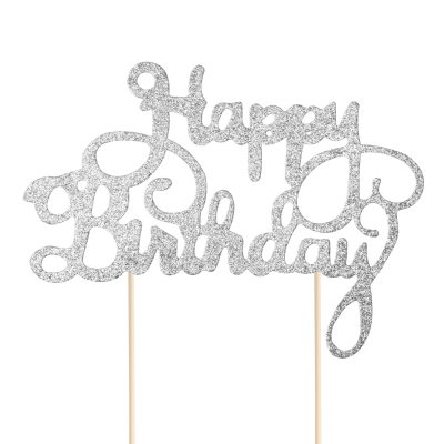 Топер Happy birthday с брокат, сребърен, 14 х 22.5 см