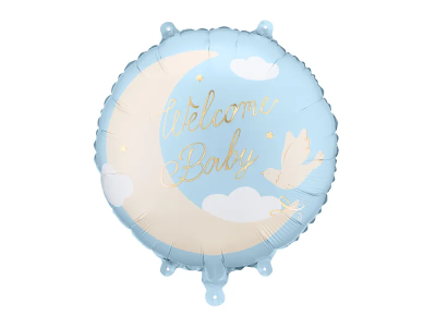 Син фолиев балон Welcome baby с луна и гълъб, кръг 45 см