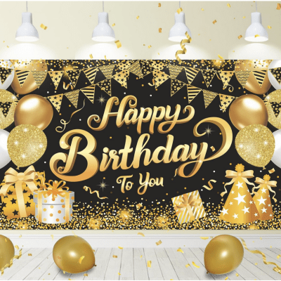 Винил, фон за декорация Happy Birthday в черно и златно, 125 х 80 см